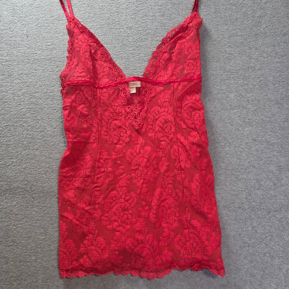 Victoria's Secret Floral Lace Chemise Slip Lingerie Womens M Red Sheer Babydoll